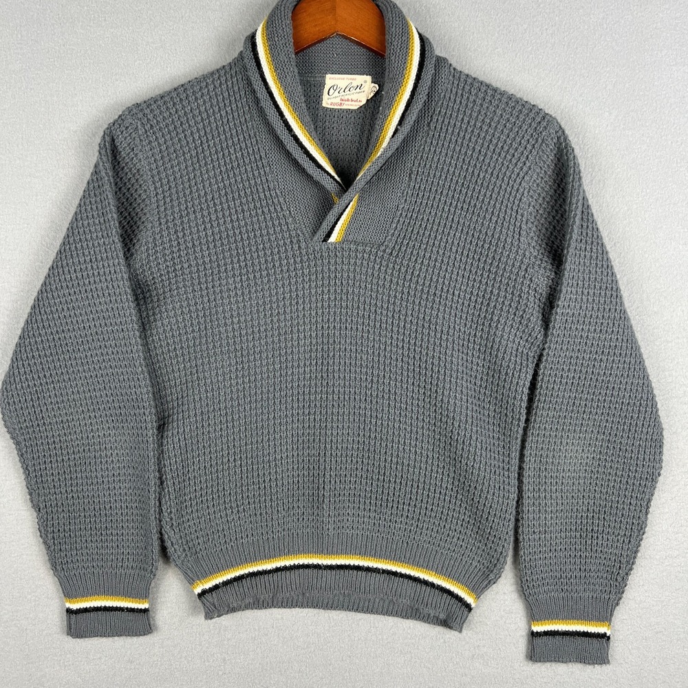 VTG Shawl Collar Sweater Womans S Orlon Acrylic Rugby Mills 50s 60s Waffle Knit‎